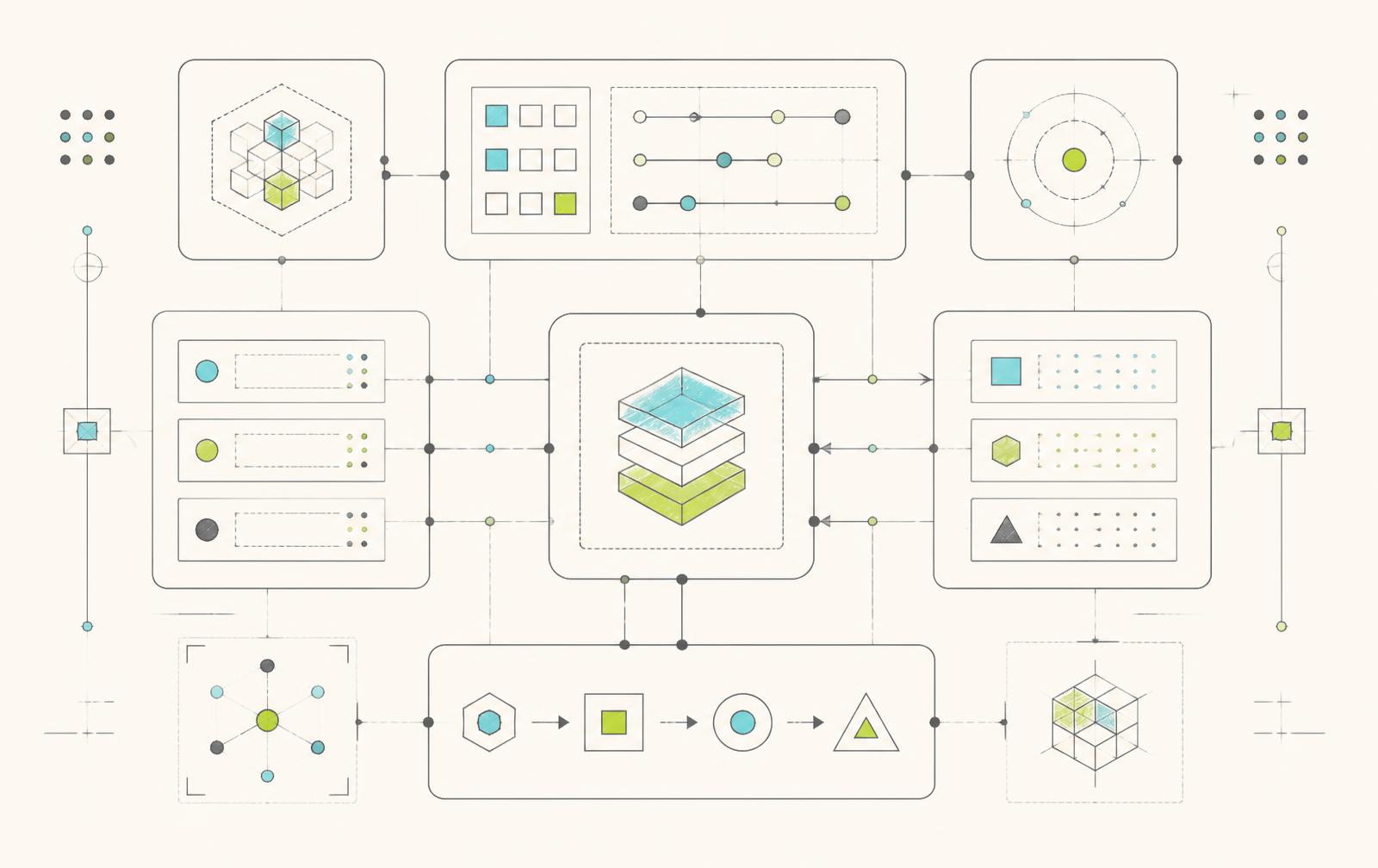Technical blueprint diagram of modular software architecture components and their connections